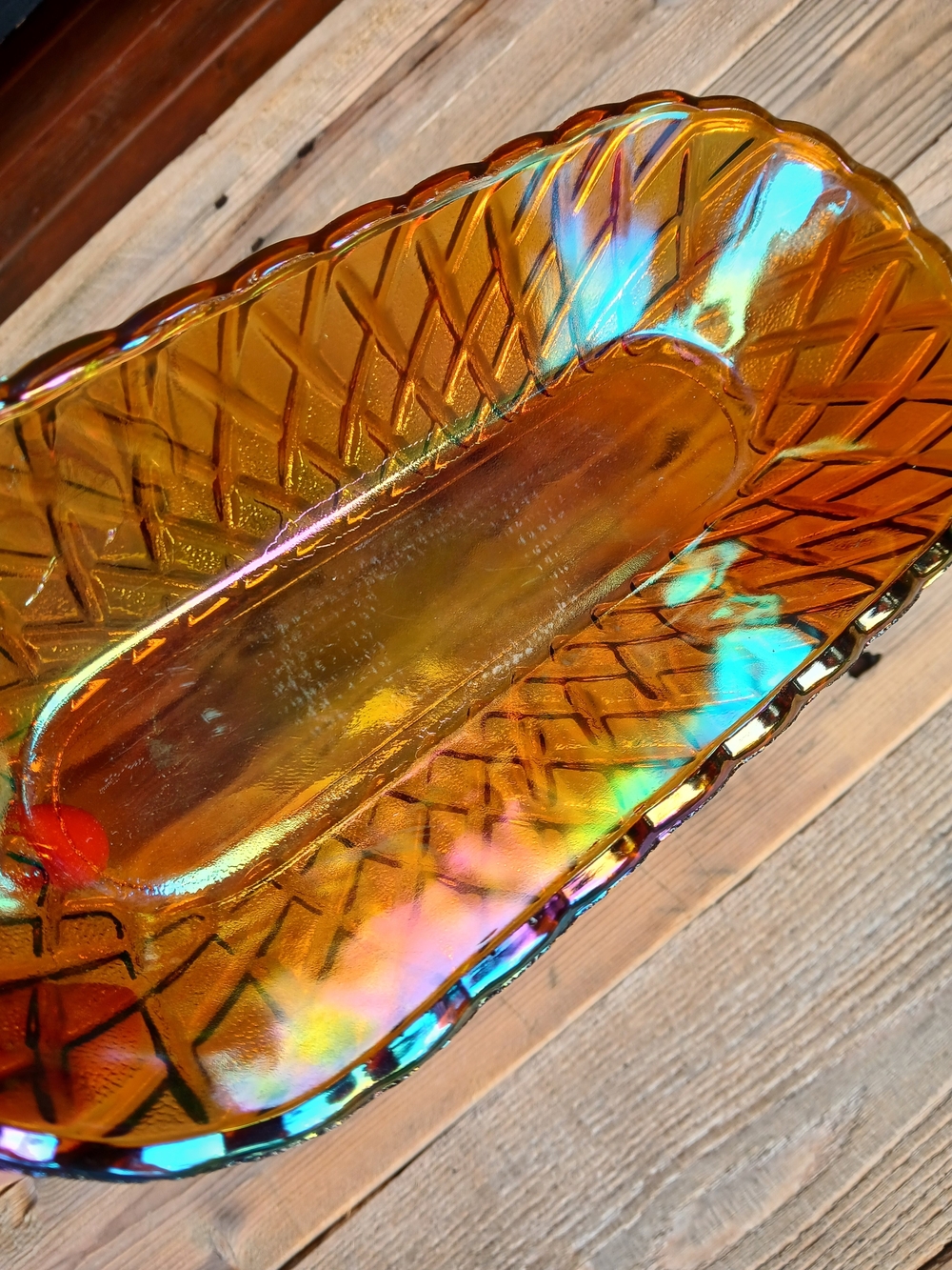 Vintage Iridescent Carnival Glass Marigold Relish Dish
